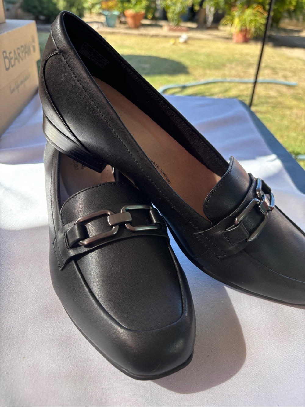 Clarks Black Leather Block Heel Loafers